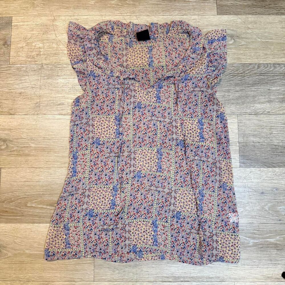 Bobeau Patchwork Floral Blouse Ruffle Sleeve Tie Neck Sheer Boho Top [M]